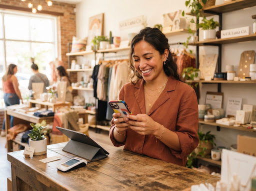 Emprendedora sonriente gestionando pedidos de su tienda física y virtual en Wendo